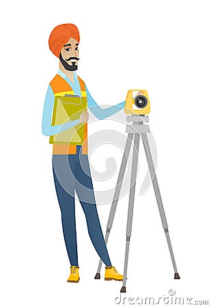 Hindu surveyor builder working with theodolite. Vector Illustration