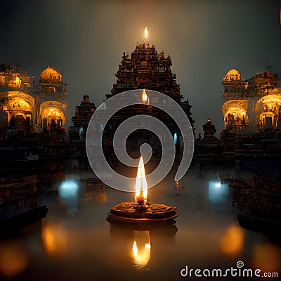 Hindu temples in the middle of them burning fire, light in the mist. Diwali, the dipawali Indian festival of light Vector Illustration