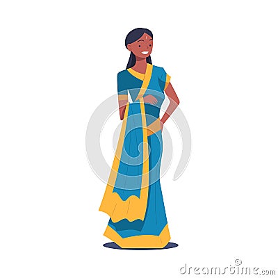 Hindu Woman Character in National Sari Costume in Standing Pose Vector Illustration Vector Illustration