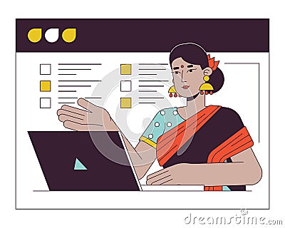 Hindu woman on web conferencing flat line concept vector spot illustration Vector Illustration