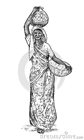 Hindu woman working in India. Lady carrying a basin on her head. engraved hand drawn, vintage style. Differences hindu Vector Illustration