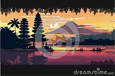 sunset at Pura Ulun Danu Bratan temple in Bali Vector Illustration