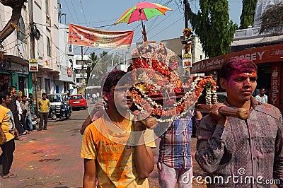 Hindus celebrate Holi festival take procession carrying idols Editorial Stock Photo