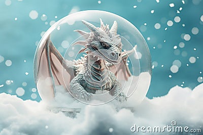 Chinese dragon inside a glass snowball. Statuette of a dragon, 2024 New Year symbol. Chinese New Year, Christmas, winter holidays Stock Photo