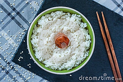 Hinomaru Japanese rice with pickled plum umeboshi Stock Photo