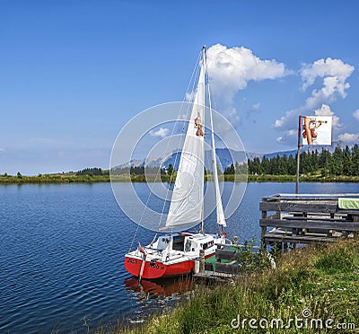 Hintersteinersee mountain lake, summer wellness attraction in Scheffau am Wilden Kaiser Editorial Stock Photo