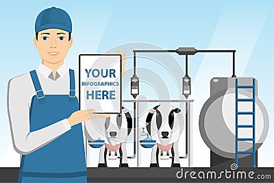 Modern farmer with tablet on a dairy farm Vector Illustration