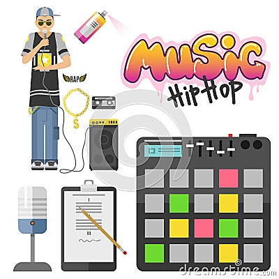 Hip hop character musician with microphone breakdance expressive rap portrait vector illustration. Vector Illustration