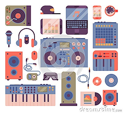 Hip hop or DJ accessory musician instruments breakdance expressive rap music disc jockey vector icons Vector Illustration