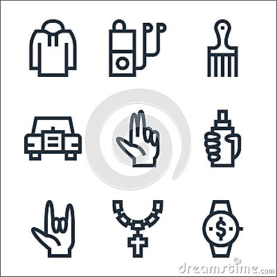 Hip hop line icons. linear set. quality vector line set such as wristwatch, necklace, hand, spray, hand, car, hair comb, mp player Vector Illustration