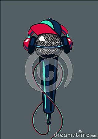 Hip hop microphone with cap on isolated background. Rap music poster mc battle. Vector Illustration