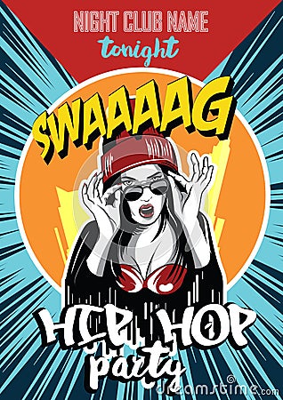 Hip hop night club poster. Pretty Young Urban Rap Girl. Vector Illustration