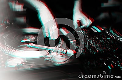 Hip hop party dj scratches vinyl record with music in 3d Stock Photo