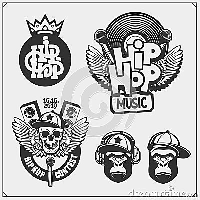 Hip-hop and rap emblems, attributes and accessories. Poster templates and design elements. Vector Illustration