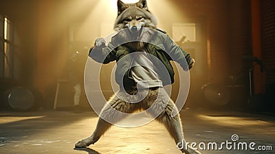 Hip-hop Wolf In Jacket: A Captivating Dance Still With Expressive Facial Expression Stock Photo