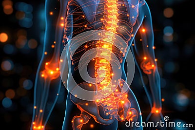 Hip joint pain, lumbar spine hernia, human body with osteoarthritis on a black background, health problems concept, AI Generated Cartoon Illustration