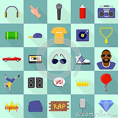 Hiphop icons set, flat style Vector Illustration