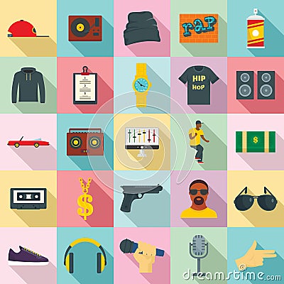 Hiphop rap swag music dance icons set, flat style Cartoon Illustration