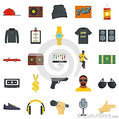 Hiphop rap swag music dance icons set, flat style Vector Illustration