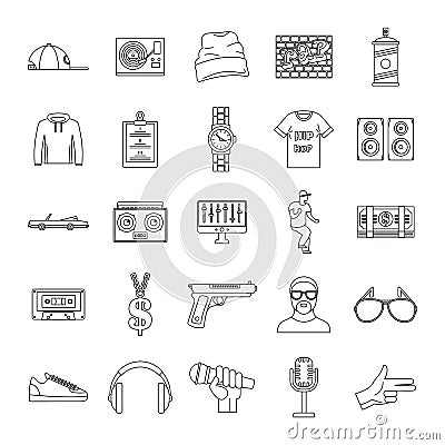 Hiphop rap swag music dance icons set, outline style Vector Illustration