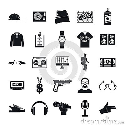 Hiphop rap swag music dance icons set, simple style Cartoon Illustration