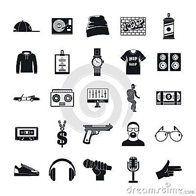 Hiphop rap swag music dance icons set, simple style Vector Illustration