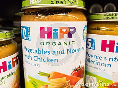 Hipp logo on a jar of baby food. Editorial Stock Photo