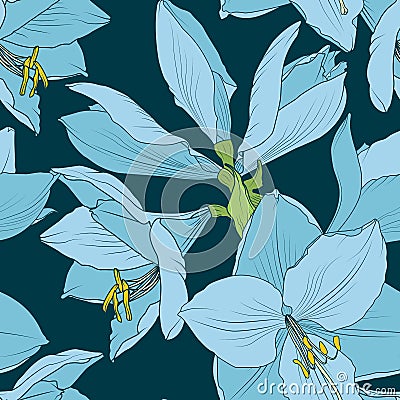Hippeastrum amaryllis seamless pattern blue navy Vector Illustration