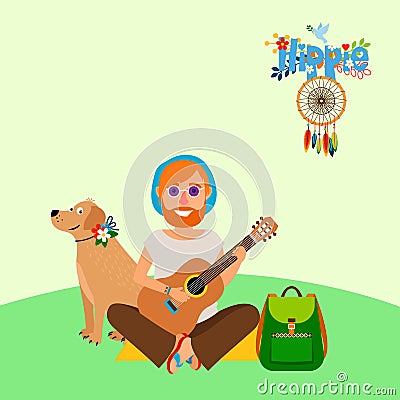 Hippie barefoot man with dog Vector Illustration