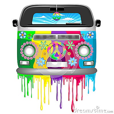 Hippie Bus with Dripping Rainbow Paint Groovy Retro Vechicle Vector Illustration Vector Illustration