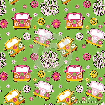 Hippie bus, peace symbol, flowers. Summer print. Stock Photo