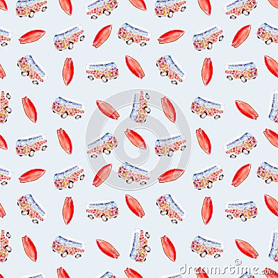 Hippie bus and surfboard, watercolor seamless pattern, hand-drawn background. Stock Photo