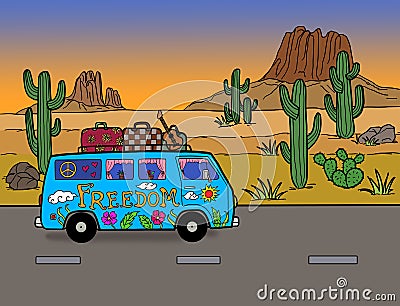 Hippie Camper Van Freedom Road Trip Stock Photo