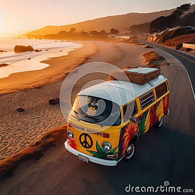 Hippie camper van travels the coastal road Stock Photo