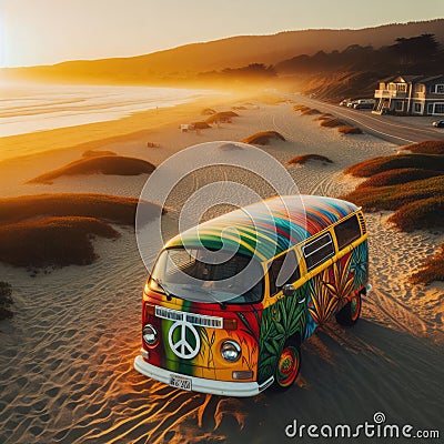 Hippie camper van travels the coastal road Stock Photo