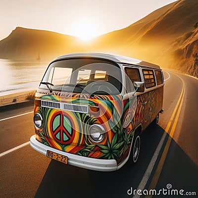 Hippie camper van travels the coastal road Stock Photo