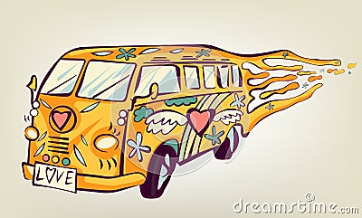 Hippie car, mini van. Isolated object. Psychedelic print concept Stock Photo