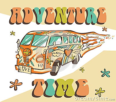 Hippie car, mini van on rays background. Bright adventure vector poster. Psychedelic concept. Vector Illustration