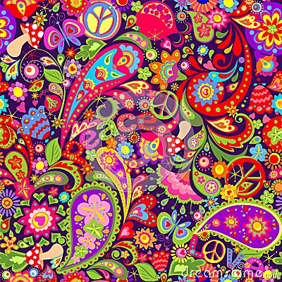 Hippie vivid colorful wallpaper with abstract flowers, hippie peace symbol, peace and love words, mushrooms, pomegranate and paisl Vector Illustration