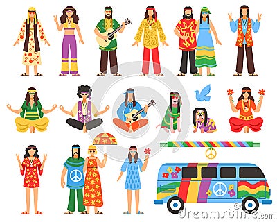 Hippie Decorative Icons Set Vector Illustration