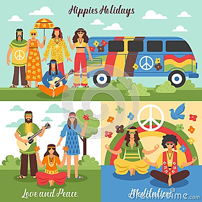 Hippie Design Concept Set Vector Illustration