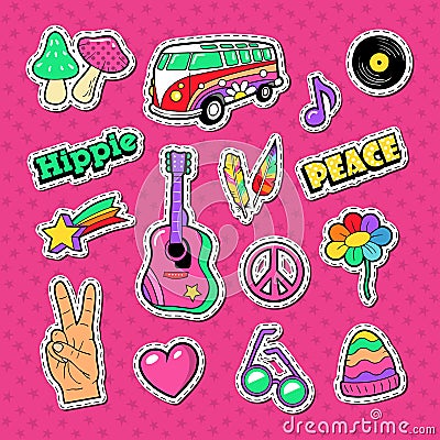 Hippie Fashion Doodle. Stickers, Badges and Patches with Hands and Colorful Elements Vector Illustration