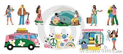 Hippie Flat Set Vector Illustration