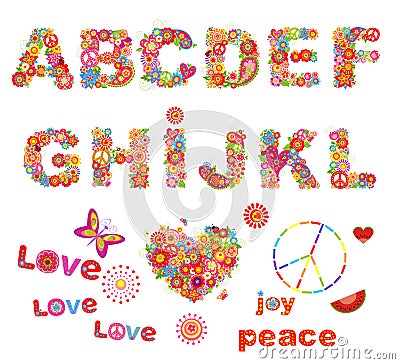 Hippie floral alphabet with funny colorful flowers. Part 1 Vector Illustration