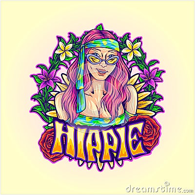 Hippie girl joyful smiling with bohemian frame illustration Vector Illustration