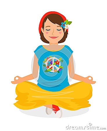 Hippie Girl Yoga Meditation Vector Illustration