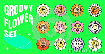 Hippie groovy chamomile smiley character set. Retro funny daisy collection. Hippy psychedelic smile flower faces Vector Illustration