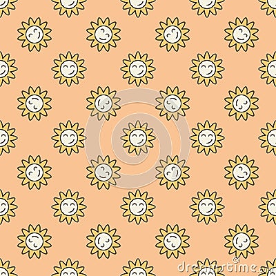 Hippie Groovy Smiling Flower vector colored seamless pattern Vector Illustration