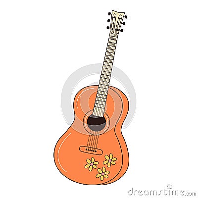 Hippie guitar with flowers ornament. Vintage retro musical instrument. Vector Illustration