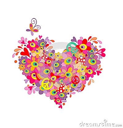 Hippie heart with abstract colorful flowers, mushrooms, peace symbol and rainbow Vector Illustration